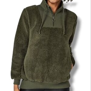 Sweaty Betty Olive Green Sherpa Half-zip Pullover Sweatshirt XL NWT
